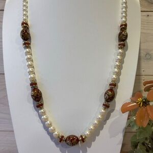 Vintage Uranium Faux Pearl Red Cloisonné Beaded Necklace Signed Japan